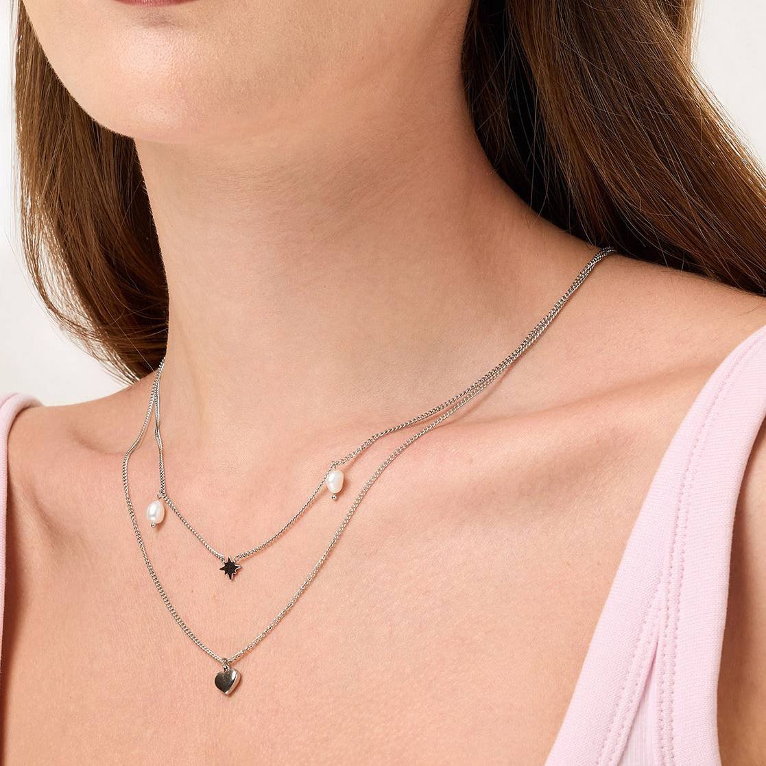 Celestial Heart Layered Necklace Silver